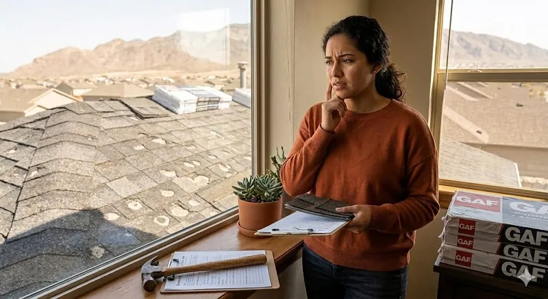 Homeowner deciding between roof repair and replacement in El Paso